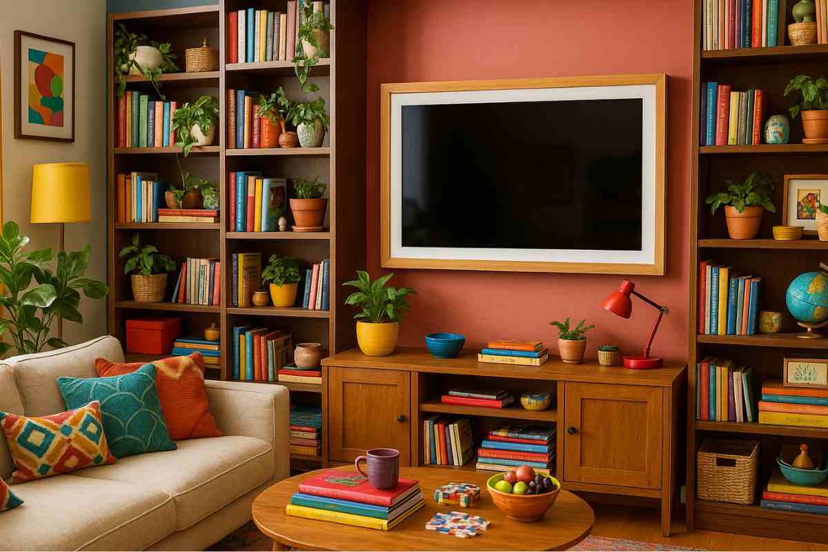 salotto con tv e libreria