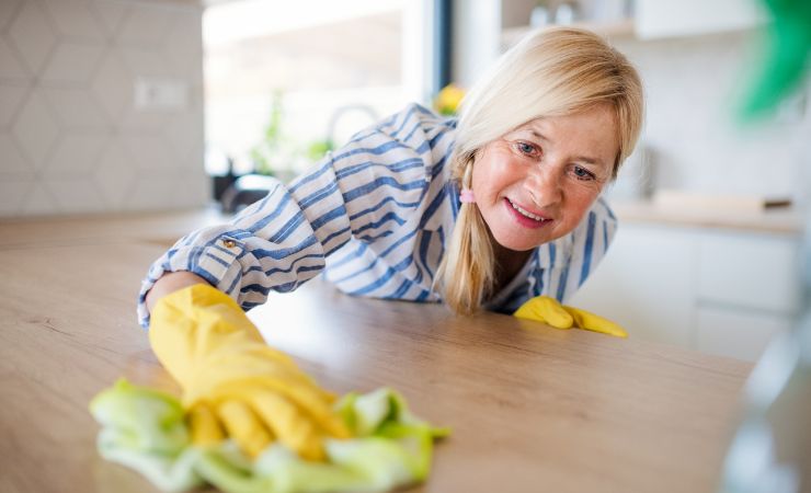 donna che elimina polvere su tavolo 