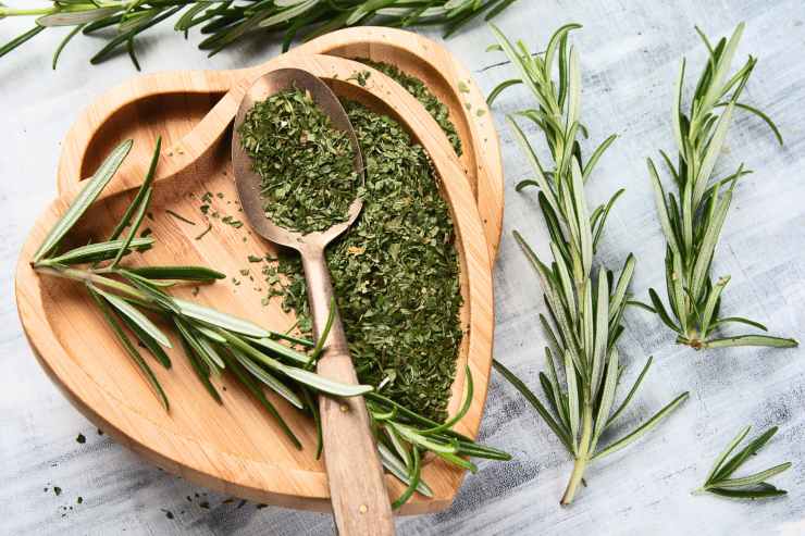 Del rosmarino in una ciotola a forma di cuore circondata da altri rametti di rosmarino