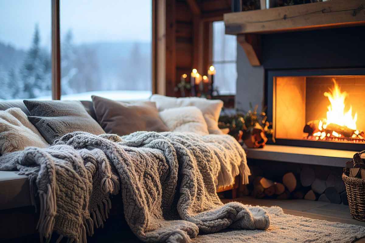 Un salone con una coperta ed un camino con la legna che arde