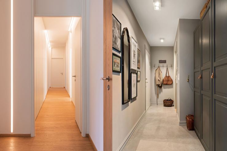 Due corridoio, uno arredato con luci. L'altro con quadri e uno specchio