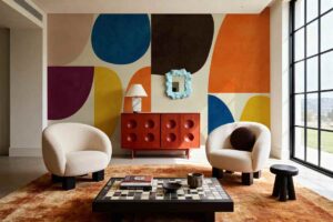 un soggiorno con la carta da parati arte astratta