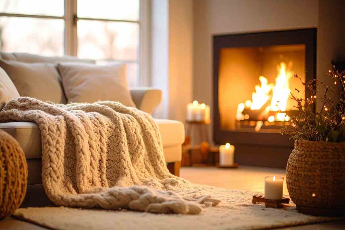 salotto con divano di fronte a un camino rivestito in cartongesso