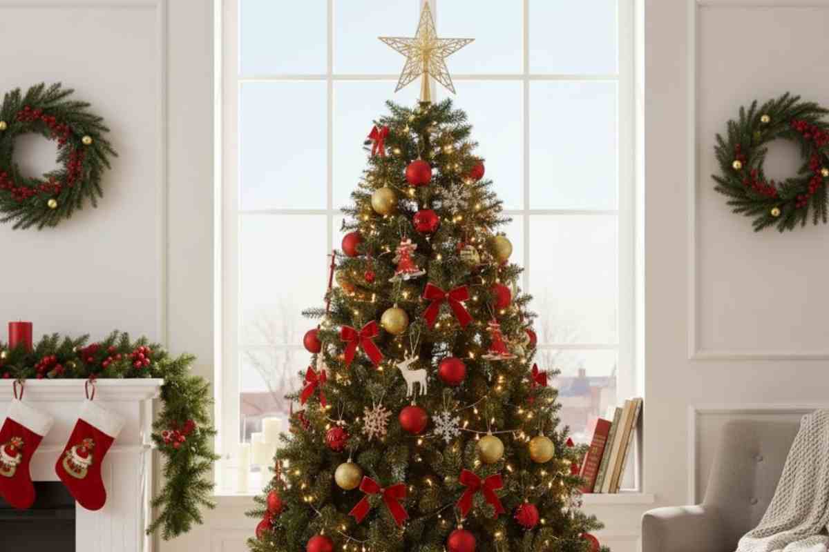 un albero di natale addobbato con le decorazioni del catalogo Satur