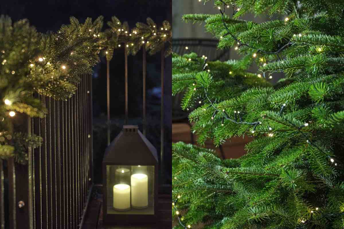 ringhiera del balcone e albero di Natale illuminati con le ctene di luci LED economiche JYSK