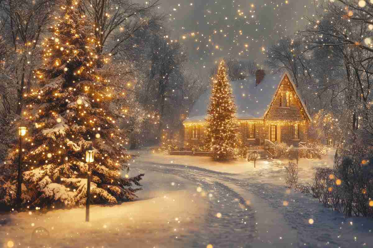 paesaggio innevato con abete e cottage illuminati