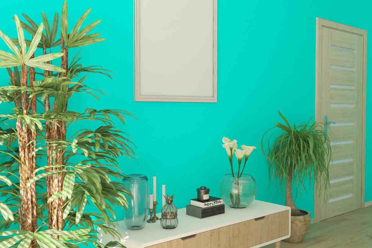 parete del soggiorno color ciano con davanti una madia bassa e piante ai lati
