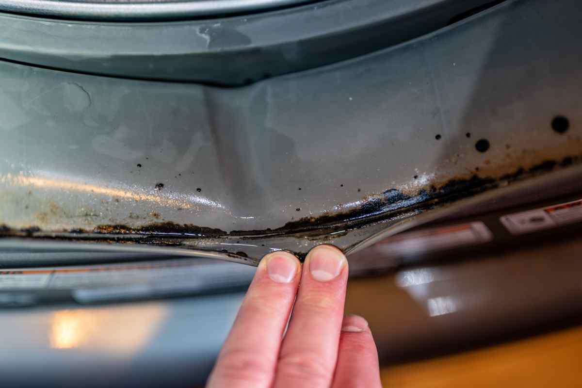 mano che piega la guarnizione della lavatrice da pulire