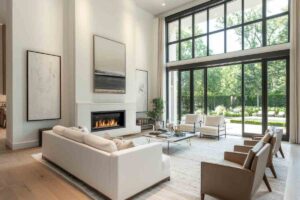 una sala ampia con finestre e camino con rivestimento in cartongesso