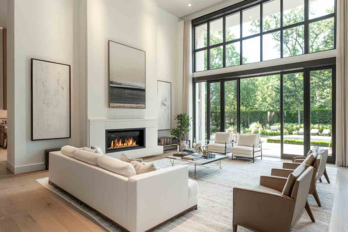 una sala ampia con finestre e camino con rivestimento in cartongesso