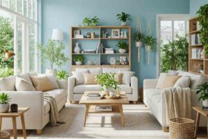 Soggiorno con divani bianchi e moltissime piante verdi