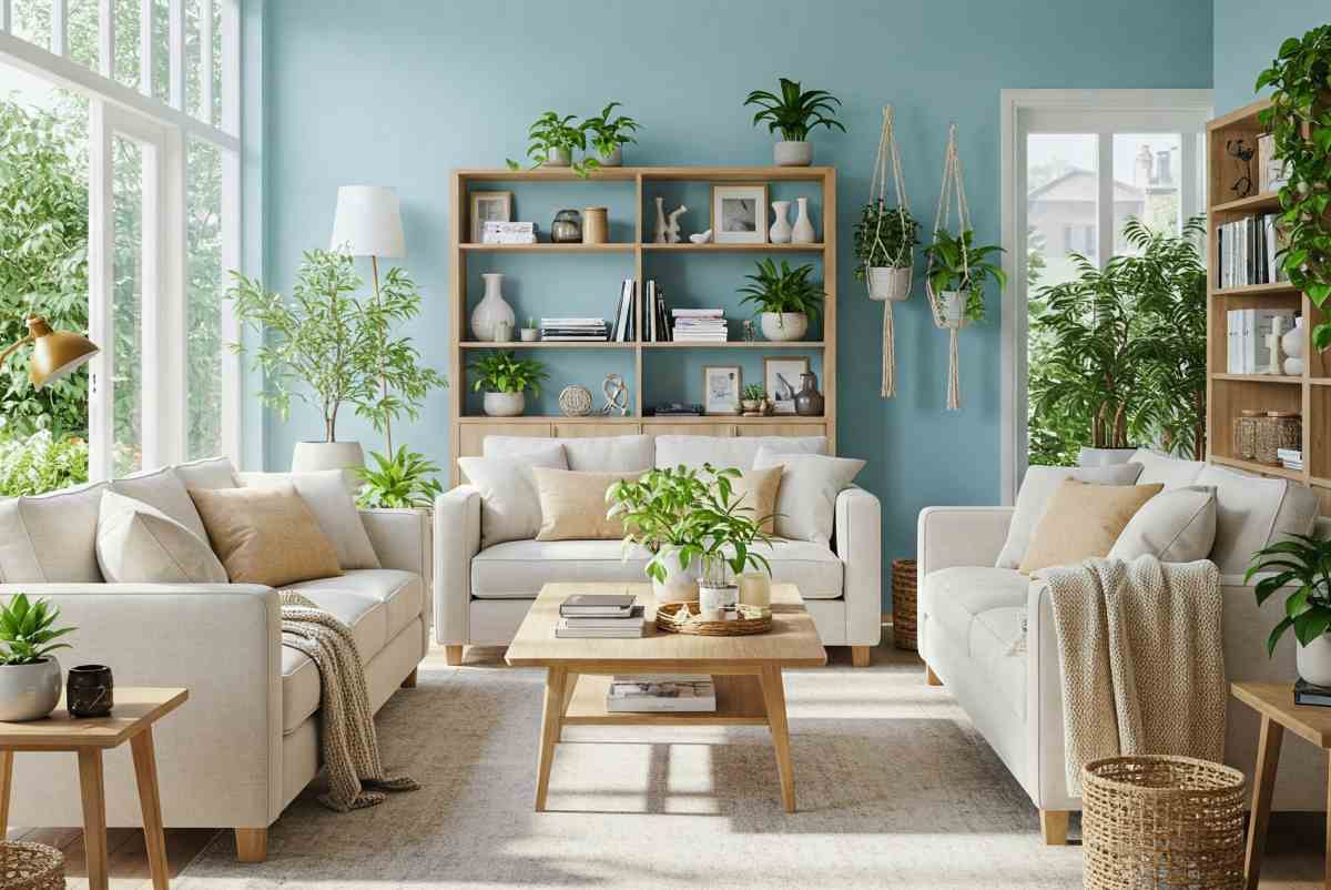 Soggiorno con divani bianchi e moltissime piante verdi