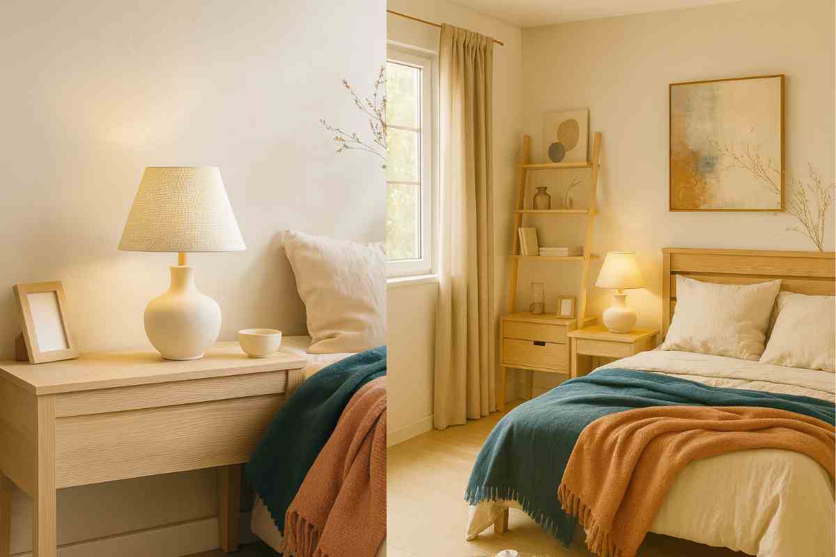 camera da letto e comodino con lampada