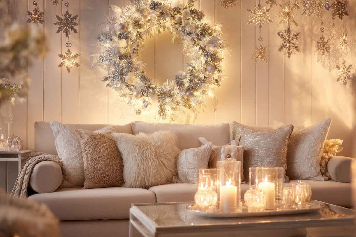 Soggiorno chiaro arredato con decorazioni natalizie