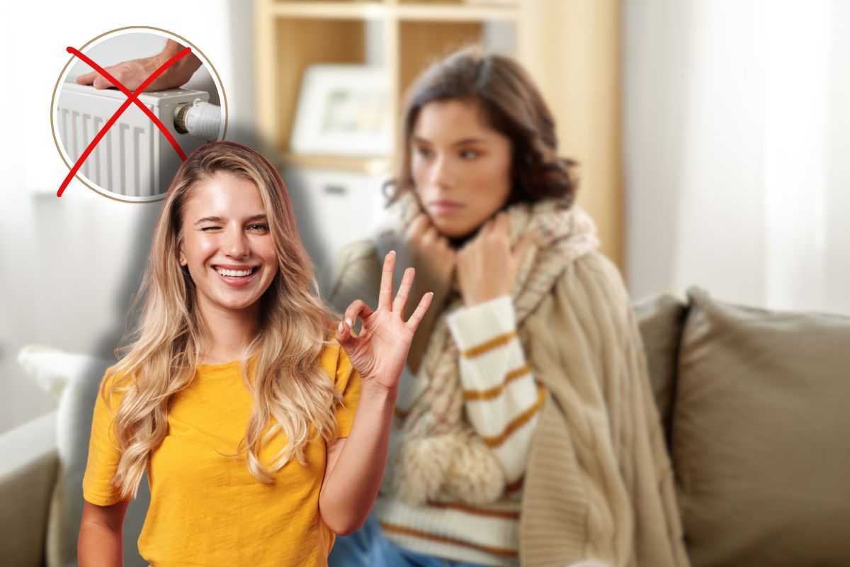 donna che sente freddo in casa, x rossa su termosifoni e donna sorridente che fa ok con le mani
