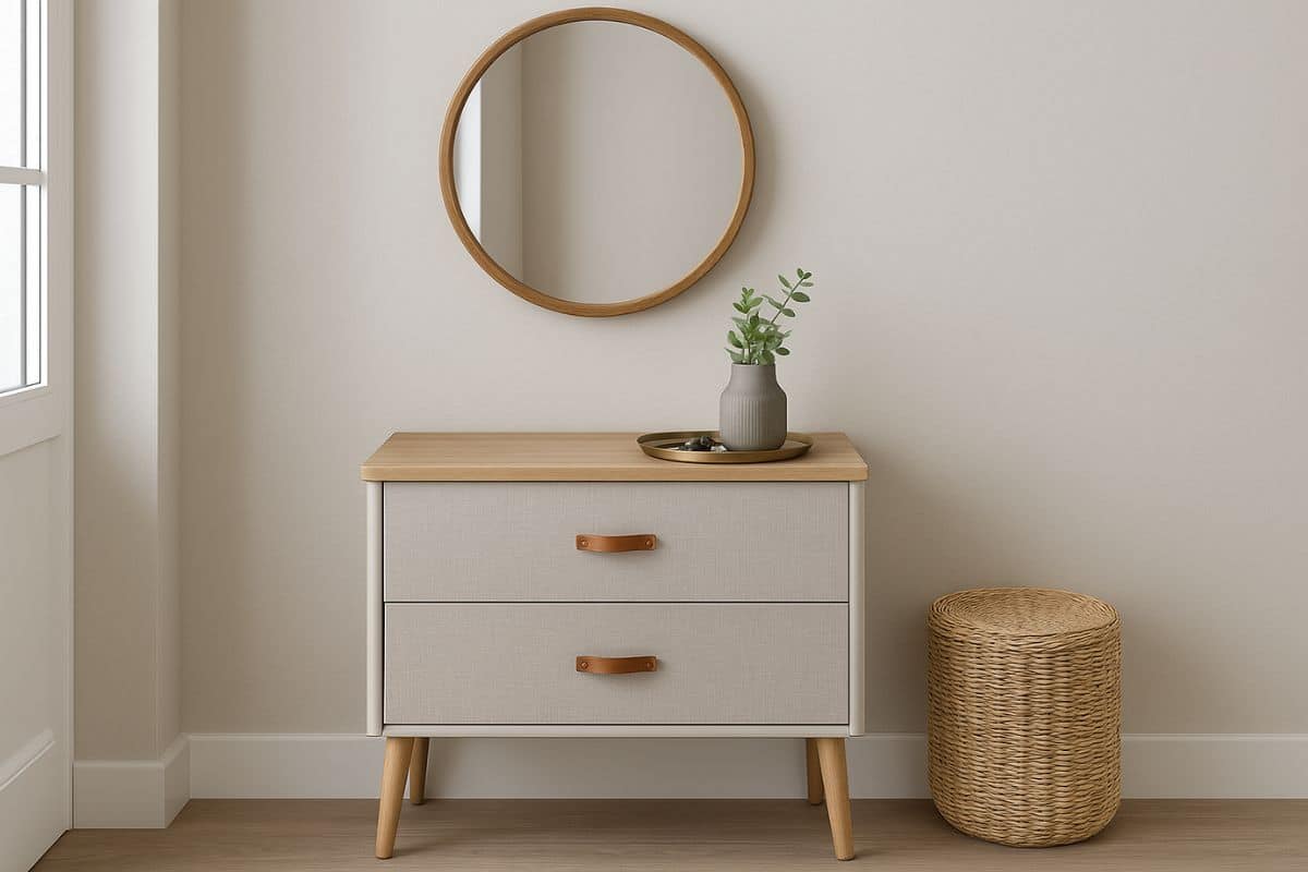 Comodino con specchio e cesto