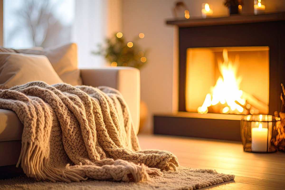 Un salotto accogliente con un camino in funzione