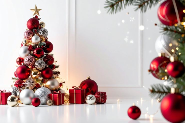 Un albero di Natale fatto con le palline di Natale e vari decori