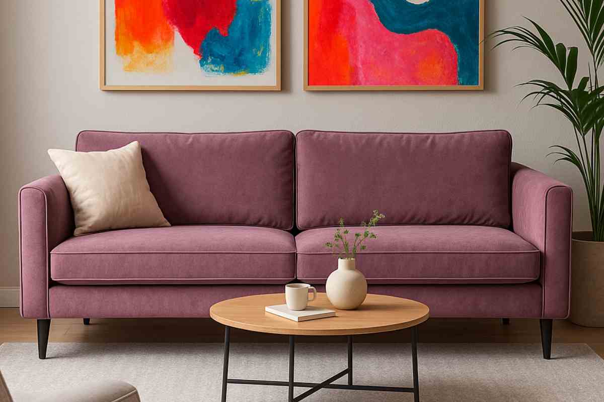 divano mauve con tavolo e quadri