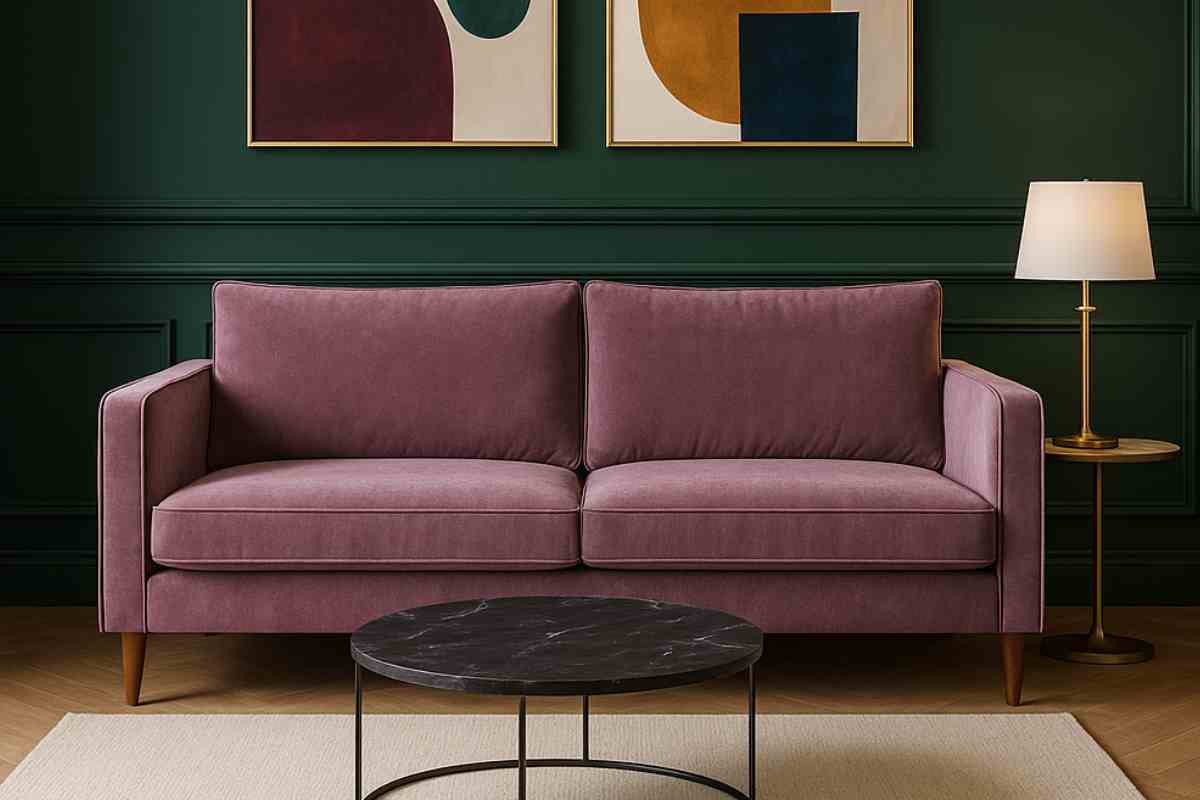 divano mauve su sfondo verde bosco