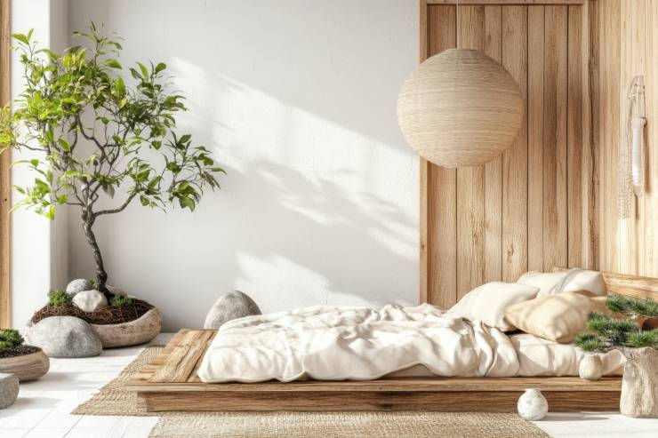 Una camera con un letto tipico giapponese, vale a dire un letto composto da un materasso che poggia su un struttura in legno bassa