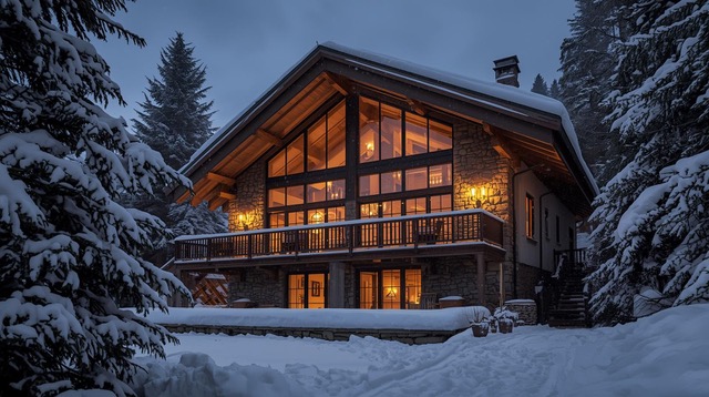Baita in montagna con delle vetrate grandi circondata dalla neve