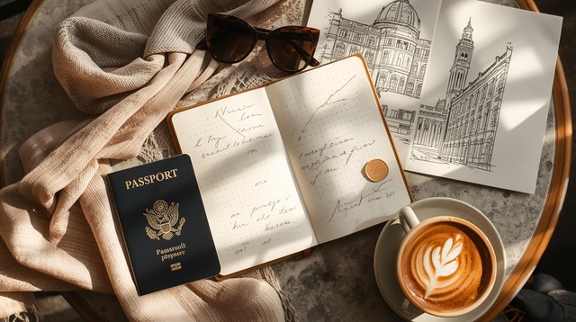 Taccuino, passaporto, cartina e cappuccino su un letto