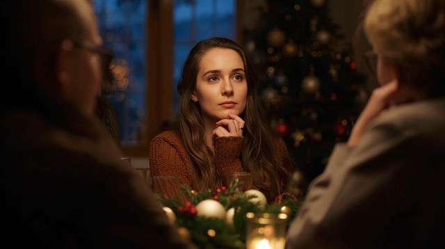 Primo piano di giovane donna illuminata da luci natalizie