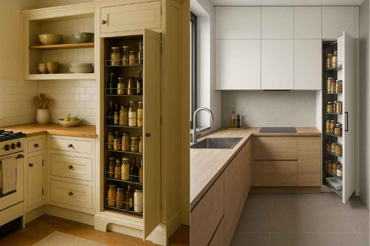 due esempi di cucine con dispensa, una classica ed una moderna