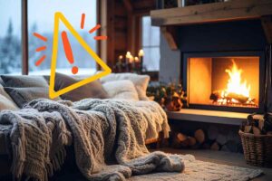 Un salone con un camino in azione ed un segnale di pericolo in alto a sinistra