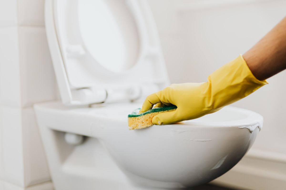 Una mano con un guanto che pulisce un WC