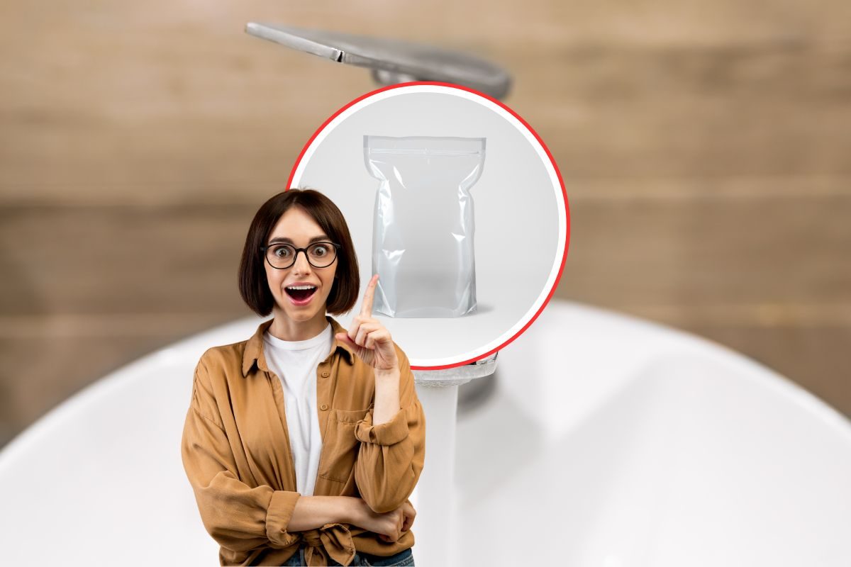 rubinetto pieno di calcare come sfondo e donna che indica stupita un sacchetto trasparente