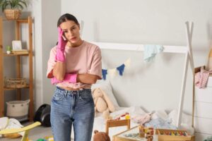 Donna con stanza disordinata