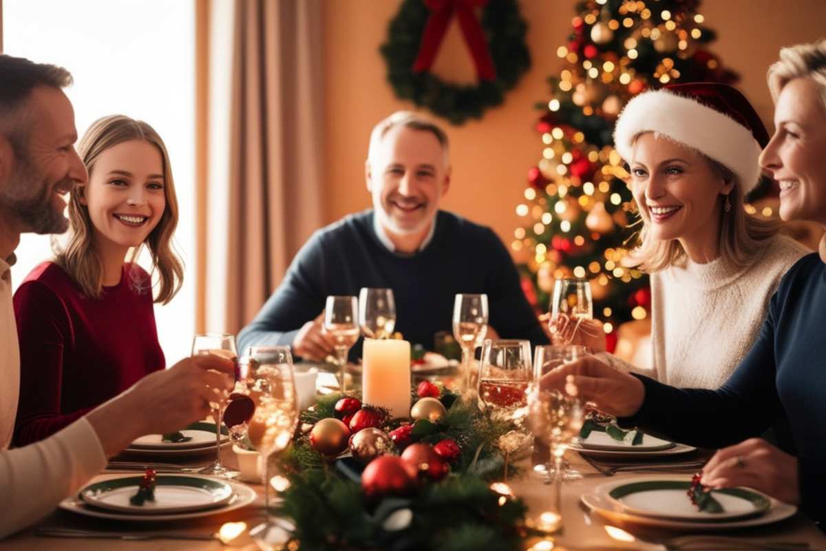 Delle persone alla tavolata di natale che mangiano in compagnia