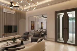 salotto ocn pareti ed elementi color tortora