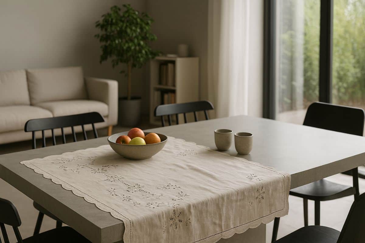 tavolo moderno con tovaglia ricamata