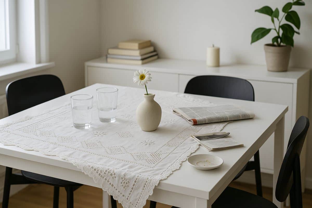 tavolo moderno con tovaglia ricamata