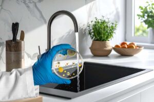 lavandino aperto e mano che mantiene un vetrino con germi e batteri