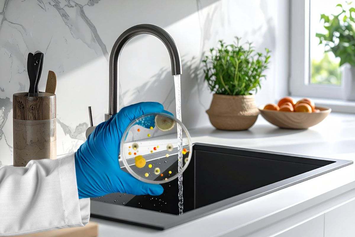 lavandino aperto e mano che mantiene un vetrino con germi e batteri