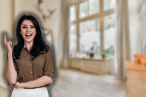 soggiorno casa sullo sfondo e donna che ha un'idea