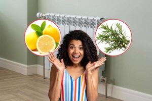 termosifone come sfondo, in due cerchi limone e rosmarino e donna stupita in primo piano