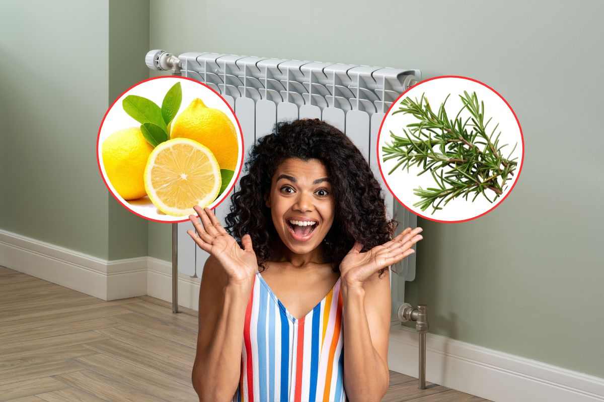 termosifone come sfondo, in due cerchi limone e rosmarino e donna stupita in primo piano