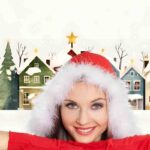 ragazza vestita da natale con villaggio natalizio alle spalle