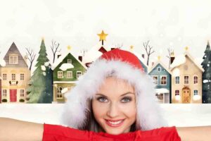 ragazza vestita da natale con villaggio natalizio alle spalle