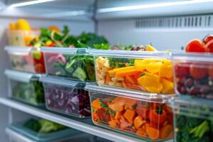 interno di un frigo ordinato con contenitori per stoccare il cibo