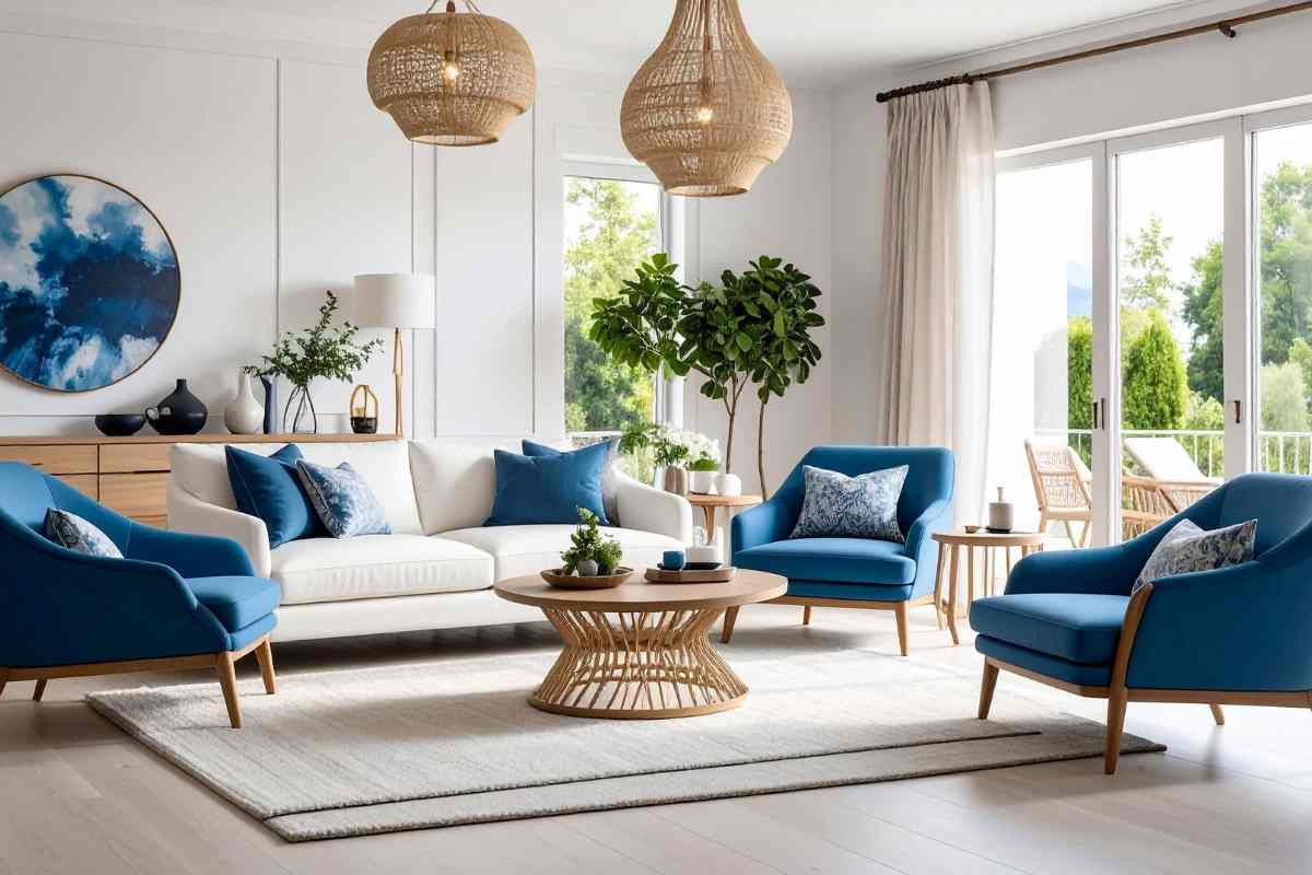 soggiorno arredato con colore dominante chiaro e accenti di blu