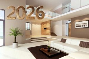Una casa ben arredata ed elegante con una scritta in alto a sinistra "2026"