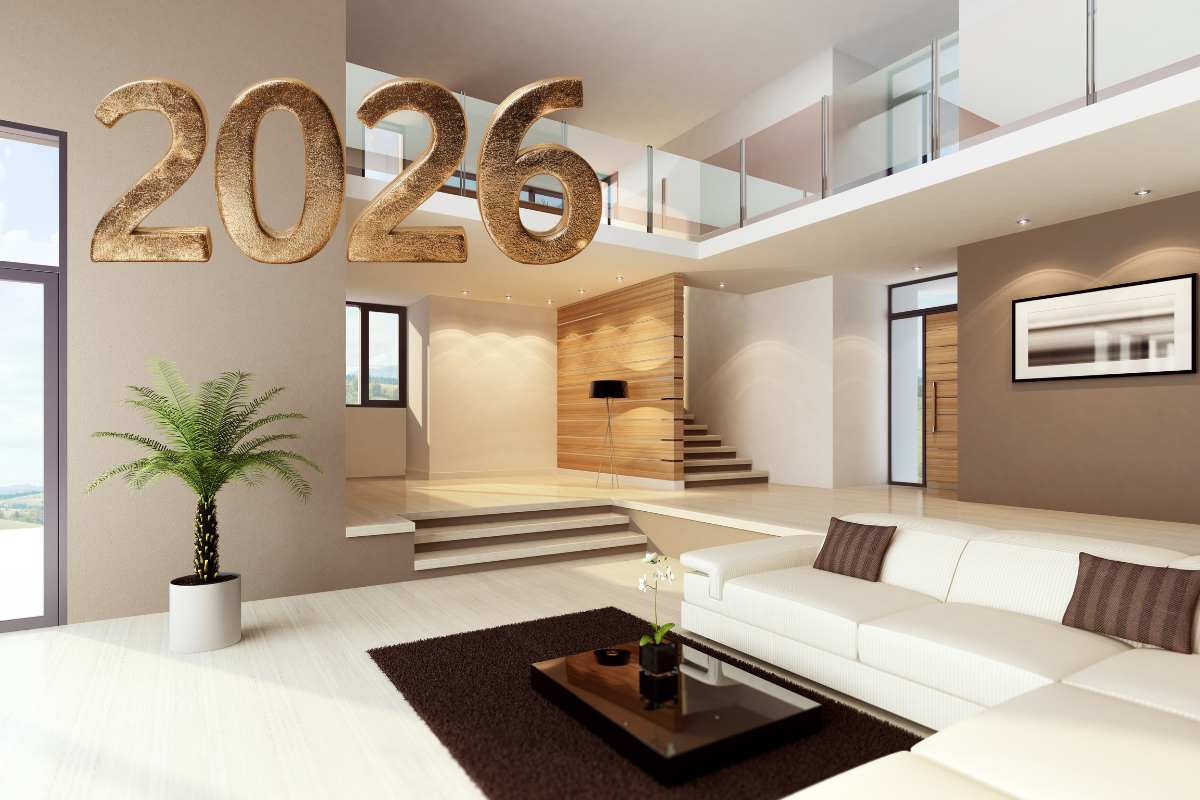 Una casa ben arredata ed elegante con una scritta in alto a sinistra "2026"