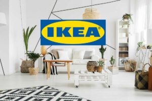 Una casa ben arredata con in primo piano un insegna Ikea