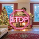 Un casa con arredi natalizi classici ed una scritta fosforescente "Stop"